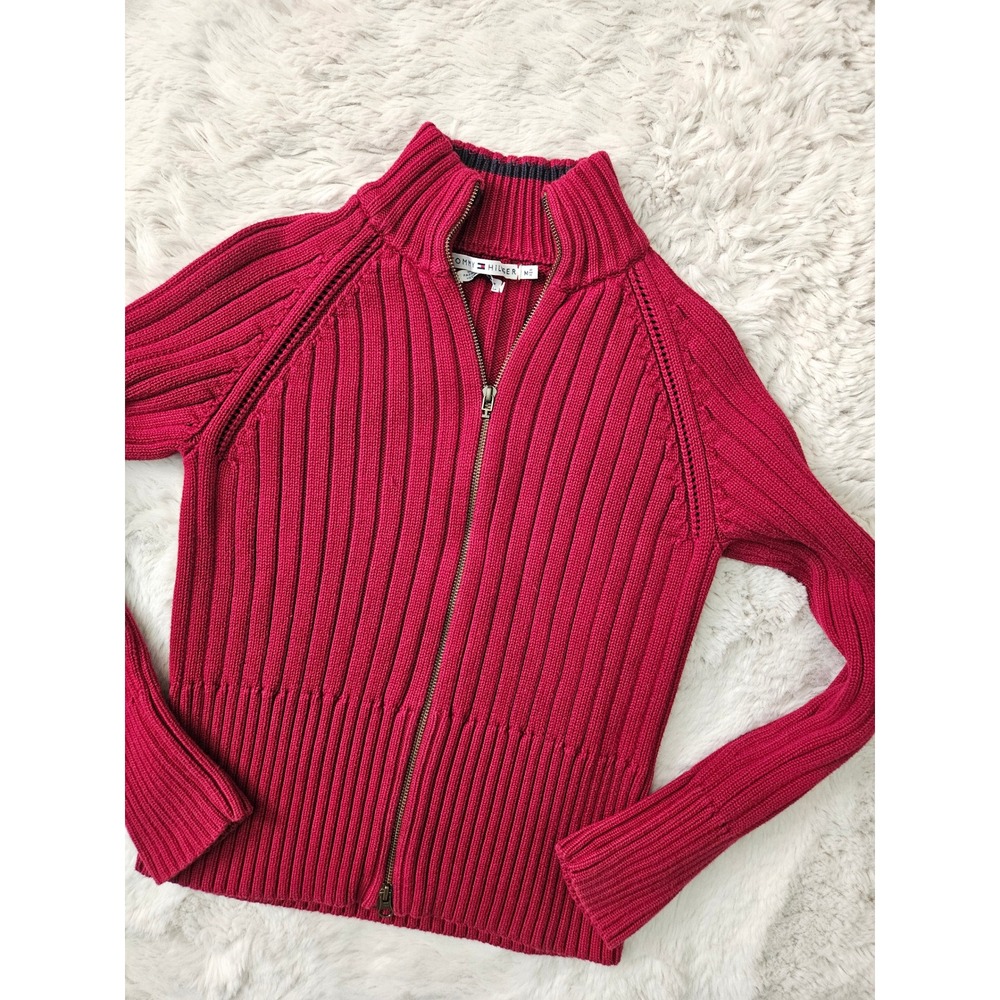 Vtg Y2K Tommy Hilifger Made In Japen Ribbed Full Zip Sweater 100% Cotton Red M